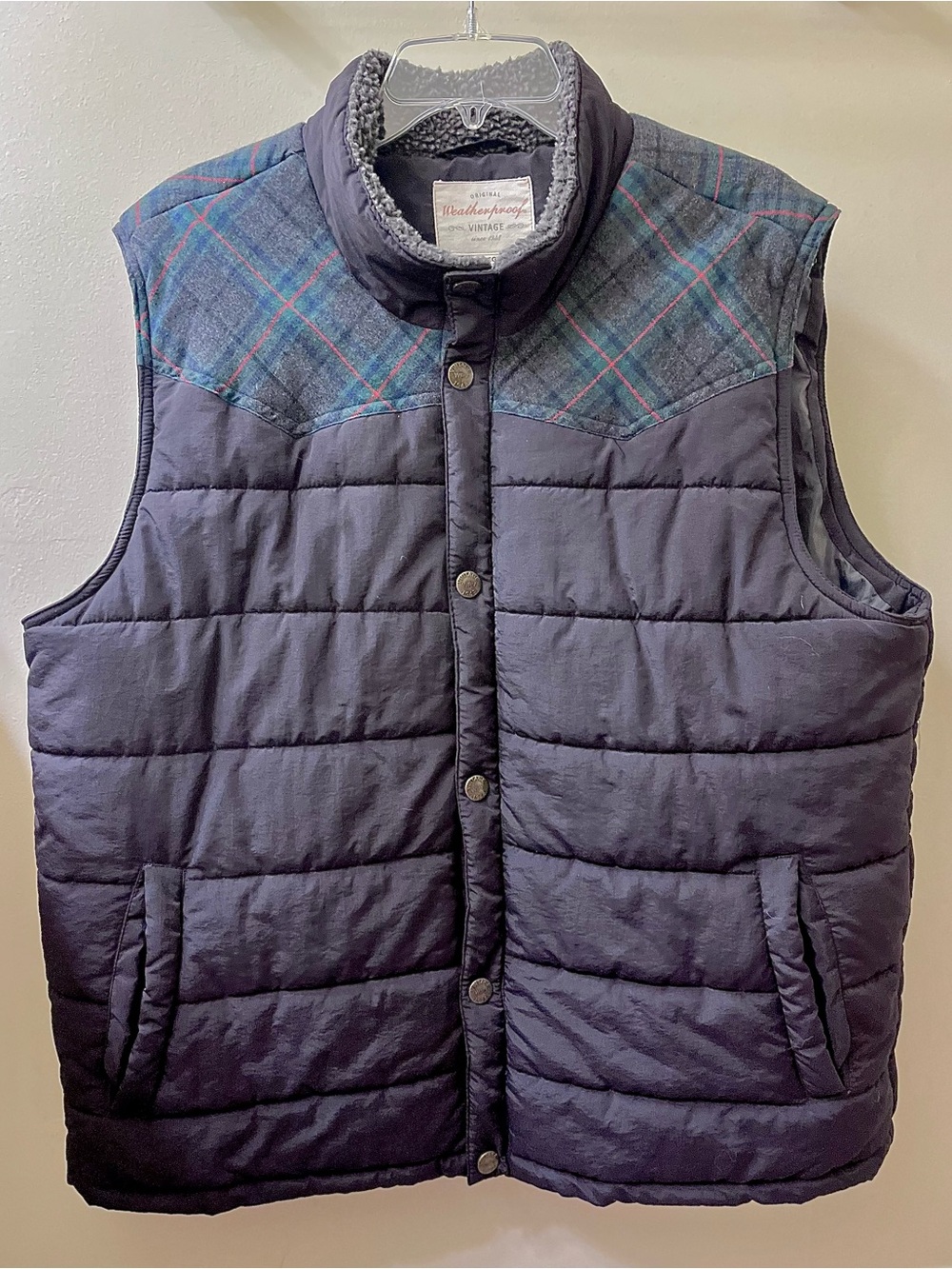 Original Weatherproof Vintage Black Puffer Vest with Green Flannel, XL